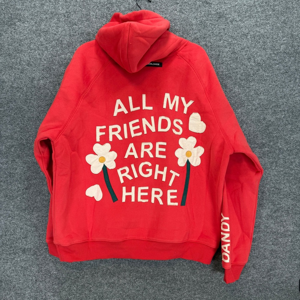 Dandy Worldwide Hoodie Womens Large Red All My Friends Graphic Pullover NEW